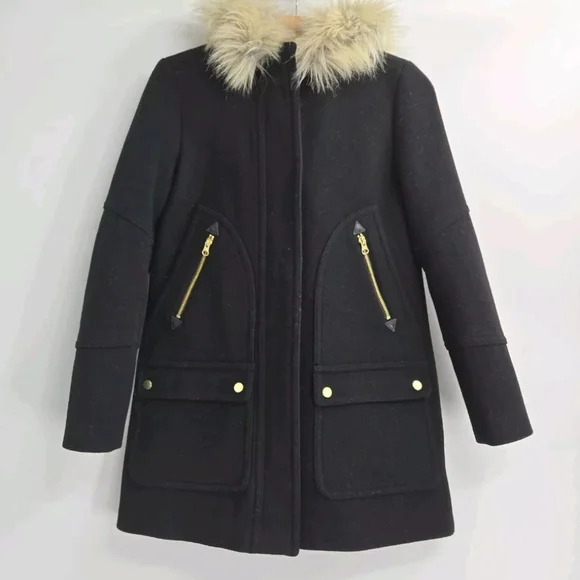 J Crew Chateau Black Wool Stadium Cloth Parka Fur Hood Coat‎ - Picture 2 of 16